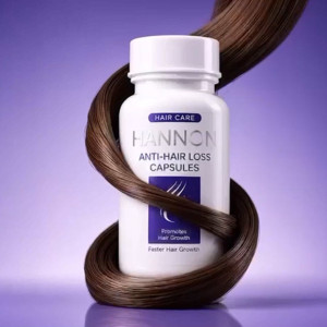 White bottle labeled HANNON Anti-Hair Loss Capsules with brown hair wrapped around it against a purple background, promoting hair growth.