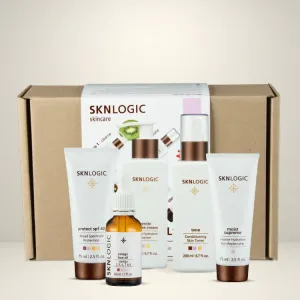 SKNLogic - Essentials Kit - Dry Skin (Gentle Cleanse Cream, Tone, Omega Face Oil, Moist Supreme, Protect SPF 40 and Cosmetic Bag)