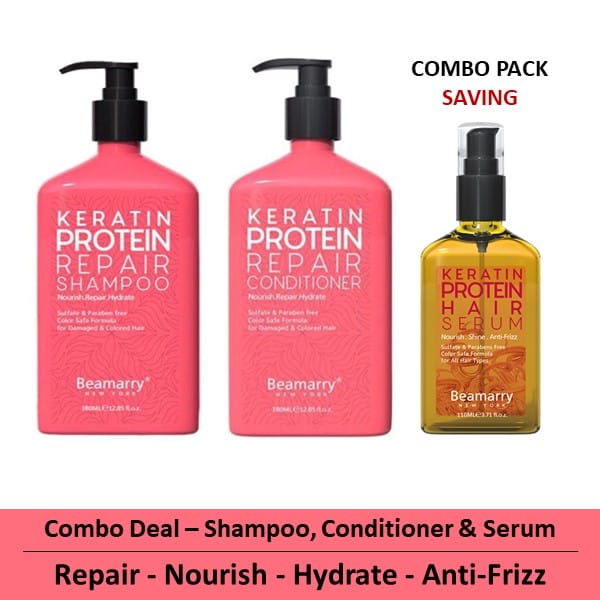 Combo-3 - Beamarry Keratin Protein Repair Shampoo & Conditioner 380ml & Hair Serum 110ml