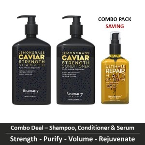 Combo-3 - Beamarry Lemongrass Caviar Strength Shampoo & Conditioner 380ml & Ultimate Repair Serum 100ml