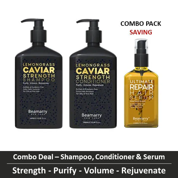 Combo-3 - Beamarry Lemongrass Caviar Strength Shampoo & Conditioner 380ml & Ultimate Repair Serum 100ml