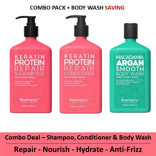 Combo-3 - Beamarry Keratin Protein Repair Shampoo & Conditioner 380ml & Body Wash