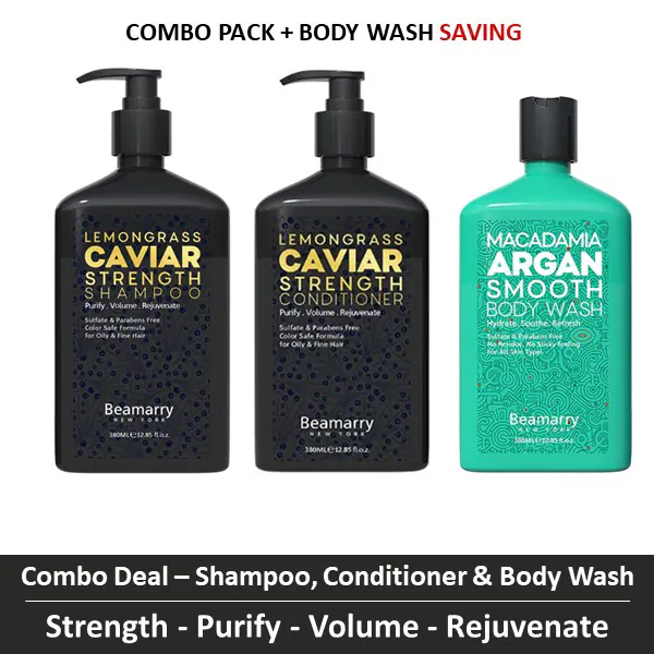 Combo-3 - Beamarry Lemongrass Caviar Strength Shampoo & Conditioner 380ml & Body Wash