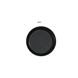 Circular black eyeshadow pan in a makeup compact labeled 'Black'