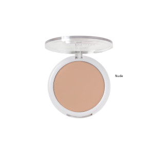 Round compact with nude pressed powder and clear hinged lid, a makeup base product.