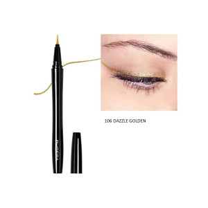 Liquid black eyeliner pen with a gold swatch trailing from the tip, used on eyelids for a gold‑line look (shade 106 Dazzle Golden).