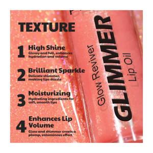 Close-up of a pink lip oil with a glittery background. Left side lists texture benefits: 1 High Shine, 2 Brilliant Sparkle, 3 Moisturizing, 4 Enhances Lip Volume. The product name appears vertically: Glow Reviver Lip Oil.