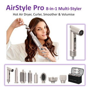 Woman using the AirStyle Pro 8-in-1 multi-styler with multiple attachments shown below.