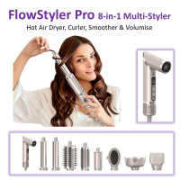 FlowStyle Pro 8-in-1 Multi-Styler being used to style hair, with attachments shown beside and below.