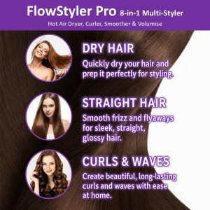 Advertisement for FlowStyler Pro highlighting three styles: Dry Hair, Straight Hair, Curls & Waves with circular portrait icons on the left and neon purple headings.