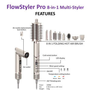 Diagram of FlowStyle Pro 8-in-1 Multi-Styler showing core unit with attachable brushes, controls, and 360° rotating cord labeled features.