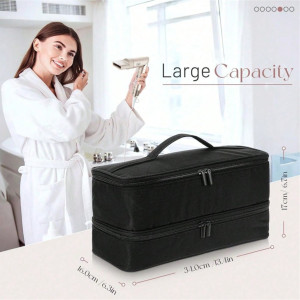 Smiling woman in a white robe holds a hair dryer beside a large black double-zip travel cosmetic bag on a countertop, labeled 'Large Capacity'.