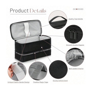 Open black travel makeup case with light gray interior, showing top handle, double zippers, and padded compartments.