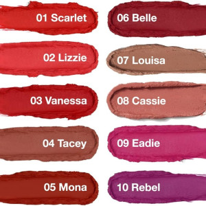 Ten lipstick swatches labeled with names: 01 Scarlet, 02 Lizzie, 03 Vanessa, 04 Tacey, 05 Mona (left) and 06 Belle, 07 Louisa, 08 Cassie, 09 Eadie, 10 Rebel (right).