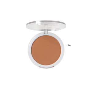 Round white compact containing tan powder with a clear lid, open to show the makeup shade Tan