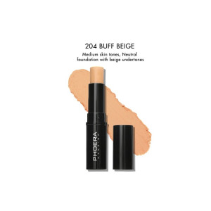 Foundation stick in shade 204 Buff Beige with a beige swatch brushed behind it, showcasing the product from Phoera
