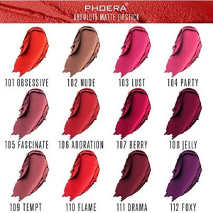 PHOERA Absolute Matte Lipstick swatches in a grid labeled with shades 101–112: 101 Obsessive, 102 Nude, 103 Lust, 104 Party; 105 Fascinate, 106 Adoration, 107 Berry, 108 Jelly; 109 Tempt, 110 Flame, 111 Drama, 112 Foxy.