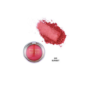 Pink baked blush compact with a loose pink powder spill labeled 205 Sunset above.