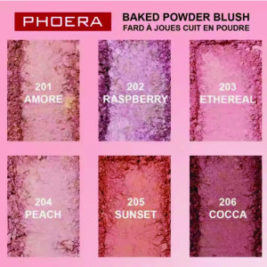 Phoera baked powder blush palette with six shades: 201 Amore, 202 Raspberry, 203 Ethereal, 204 Peach, 205 Sunset, 206 Cocoa on a pink background