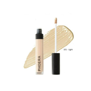 Phoera concealer/foundation bottle with wand applicator and light beige shade swatch labeled 101 - Light.