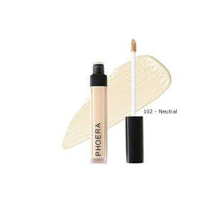Phoera liquid concealer bottle with wand applicator, shade 102 Neutral, beige swatch in background