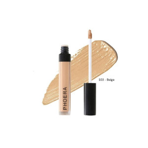 Phoera concealer tube with wand applicator, shade 103 Beige, shown with a beige swatch behind it.
