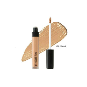 Lip gloss bottle labeled PHOERA in shade 105 Biscuit with applicator alongside a beige swatch on white background