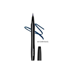 Black brush-tip pen with blue ink, cap off and resting nearby; label reads 103 DARK BLUE.