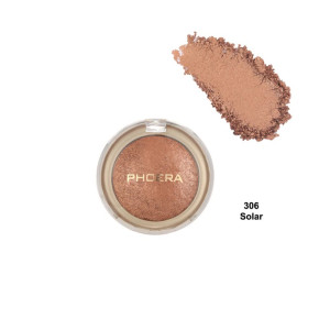 Phoera eyeshadow in shade 306 Solar (warm bronze) with a swatch above the compact, shimmery finish.