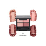 Eyeshadow palette with four blush tones and swatches labeled Romance, Drama, Wink!, and Baby Doll surrounding it; shows '02 Blushed Nude' product shade.