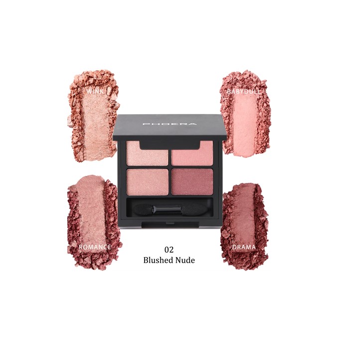Eyeshadow palette with four blush tones and swatches labeled Romance, Drama, Wink!, and Baby Doll surrounding it; shows '02 Blushed Nude' product shade.