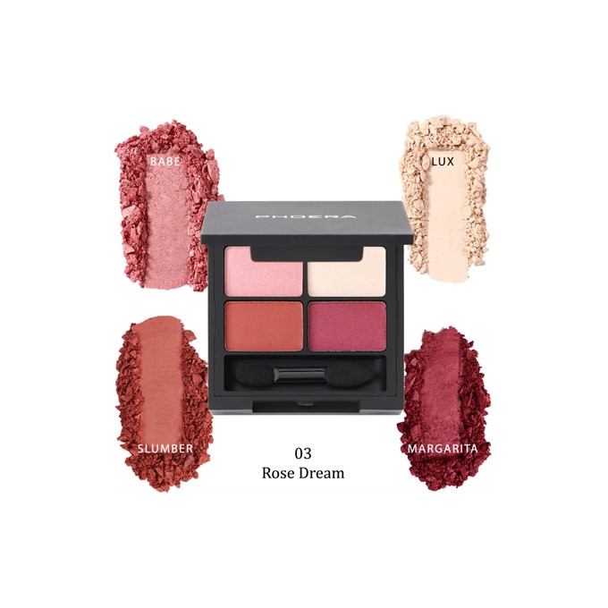 Palette with four pink/beige eyeshadows labeled Babe, Slumber, Lux, Margarita, and the shade 'Rose Dream' (03) shown around the case