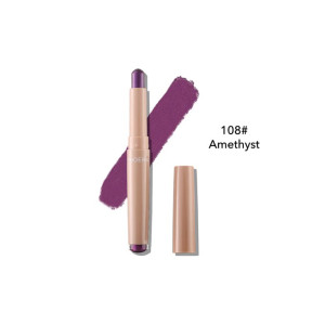 Lipstick with purple shade 108 Amethyst and swatch behind it on a white background.