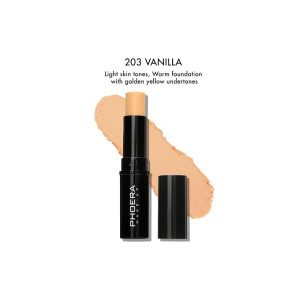 Concealer stick labeled 'PHOERA MAKEUP' in shade 203 Vanilla with warm undertones, shown with a peach swatch on white background (cosmetics product).
