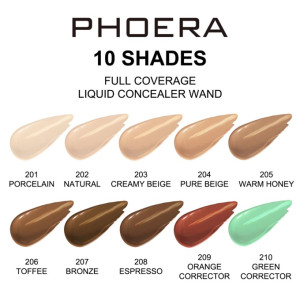 Swatches of 10 Phoera full-coverage liquid concealer shades with shade names under each swatch (Porcelain to Warm Honey, Toffee, Bronze, Espresso, Orange Corrector, Green Corrector).