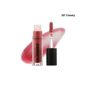 PHAERA Glow Reviver Glimmer Lip Oil in pink, with wand applicator beside the tube and a swatch on white background; shade 207 Cheeky.
