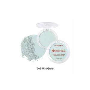 Phoera HD finishing powder in mint green, open compact with powder spill beside the case.