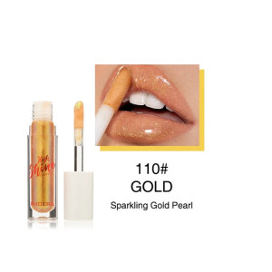 Gold lip gloss tube with applicator, swatch on lips inside a yellow frame, labeled 110# GOLD Sparkling Gold Pearl.