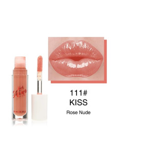 Lip gloss bottle with applicator next to a pink lip image; shade 111 Kiss, Rose Nude.