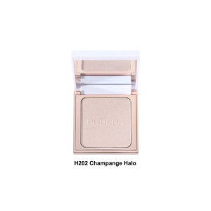 Phoera H202 Champagne Halo highlighter compact, open with mirror, showing champagne-toned powder.