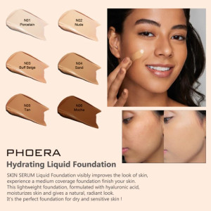 Six PHOERA foundation shades (N01–N06) swatched on the left, with a model applying liquid foundation to her cheek on the right; includes before/after skin close-ups.