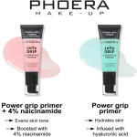 Two PHOERA jelly grip primers on white background: left pink bottle labeled 'Power grip primer +4% niacinamide' with pink swatch, right turquoise bottle labeled 'Power grip primer' with blue swatch.