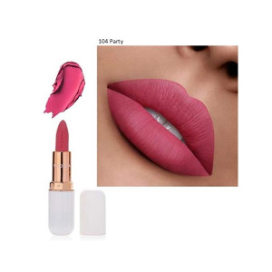 Bright pink lipstick in a white case with rose-gold accents, a swatch, and a close-up of lips wearing the shade.