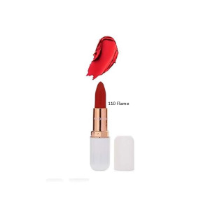 Red lipstick in a white-and-gold tube, labeled '110 Flame,' with a red swatch above showing the shade.