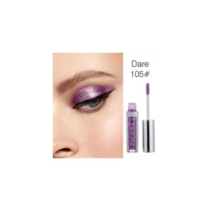 Close-up of an eye with purple glitter eyeshadow and a purple lip gloss applicator labeled Dare 105#.