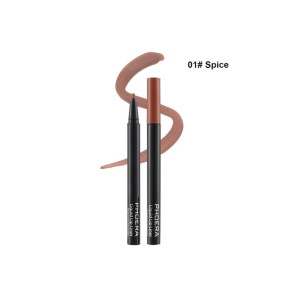 Two black PHERA lip pencils with a brown spice shade swatch labeled 01# Spice behind them.