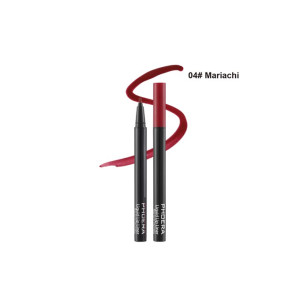 Two black lip liner pencils, one uncapped showing the red lipstick shade labeled Mariachi, with a red curved swash behind them (lip liner product image).