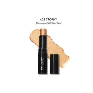 PHOERA makeup lipstick in shade 403 Trophy Champagne with Gold Pearl, shown with a champagne-gold swatch behind the tube.
