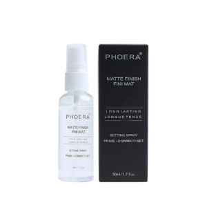 Phoera Matte Finish Setting Spray bottle beside its black box packaging (50 ml).