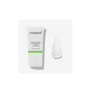 Phoera mattifying primer tube with green stripe, shown beside a sample swipe of product residue.